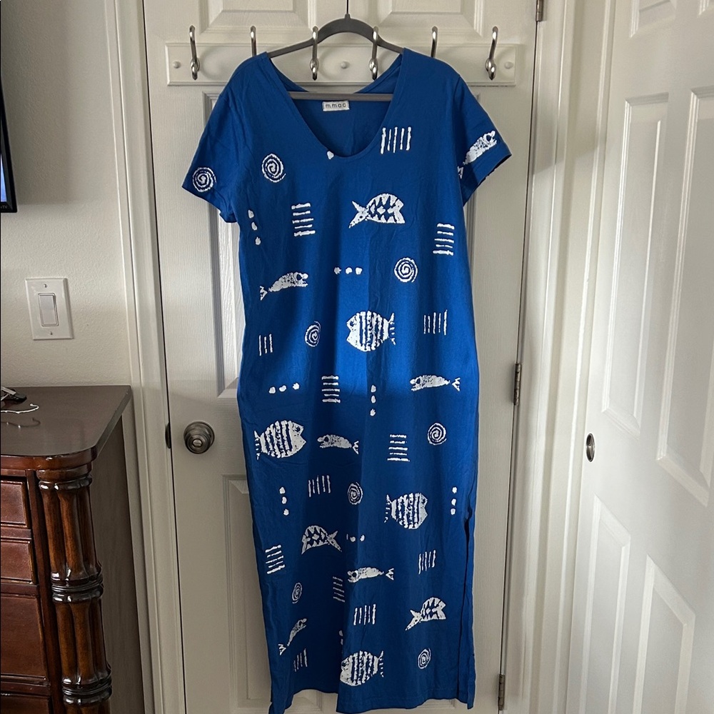 Unknown Source Oceanic Blue Fish Print Maxi Dress, 100% Cotton, Size Approx XL